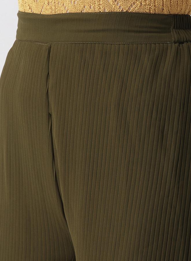 Mish Women Olive Green Pleated Flared Trousers - Image 1